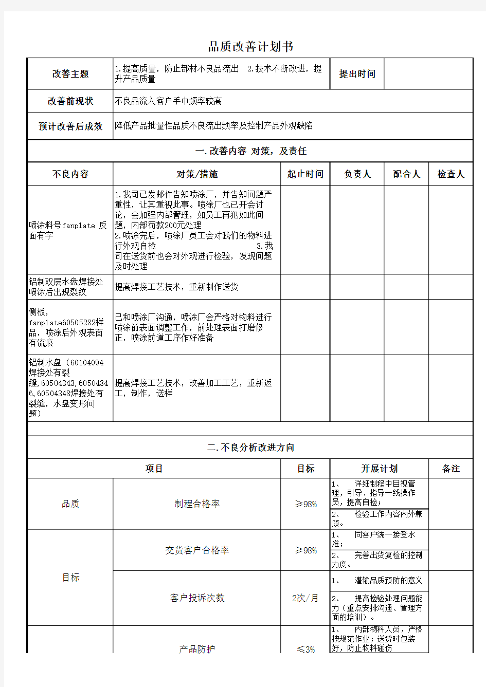 品质改善计划书范例