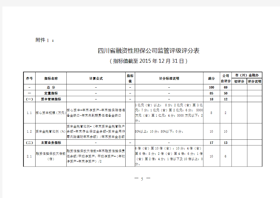 融资担保公司监管评级评分表