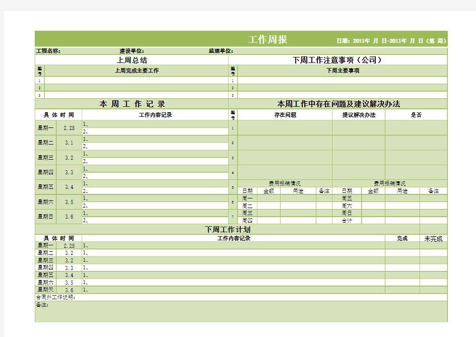 工作周报模板表格