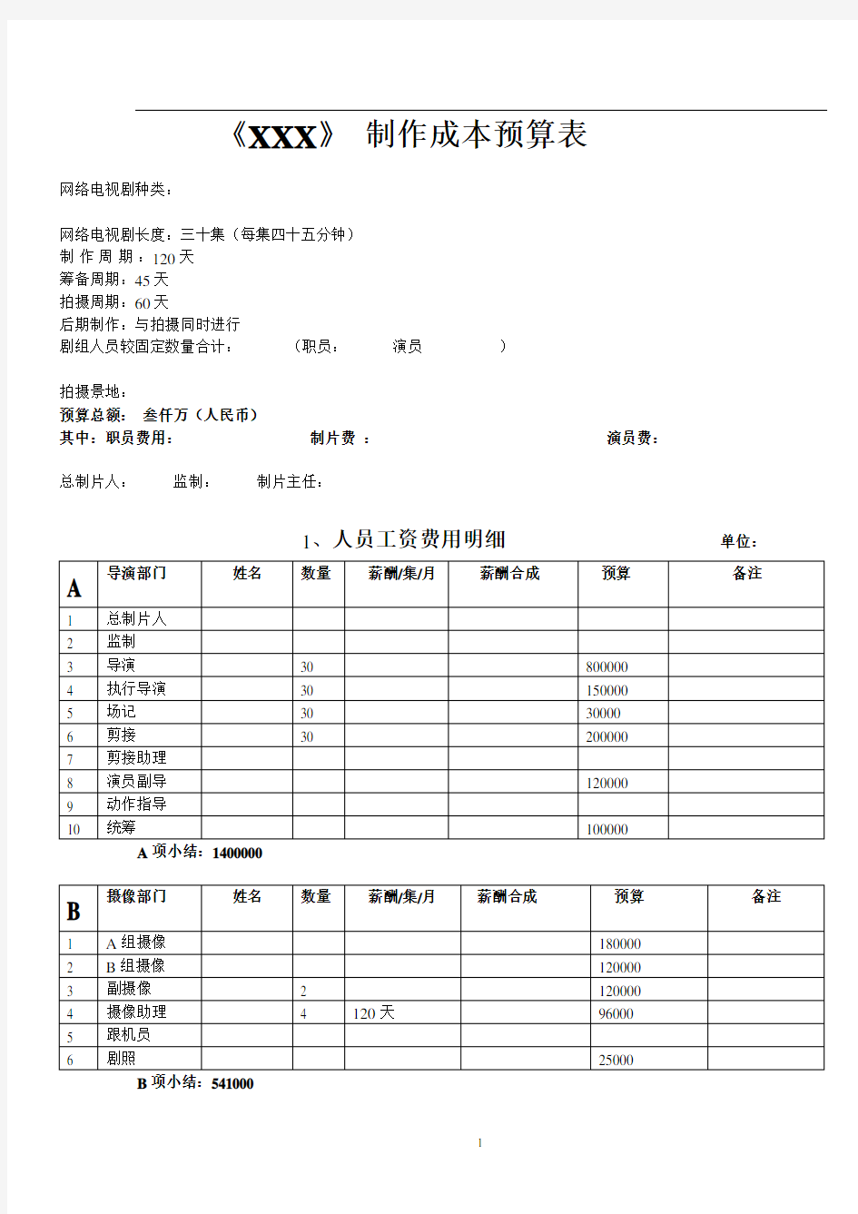 网剧电视剧制作预算表