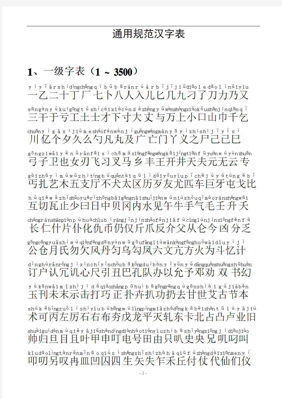 通用汉字表(常用字一二级带拼音)