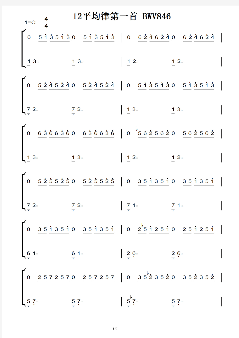 巴赫-BWV846-12平均律第一首 钢琴谱 钢琴双手简谱