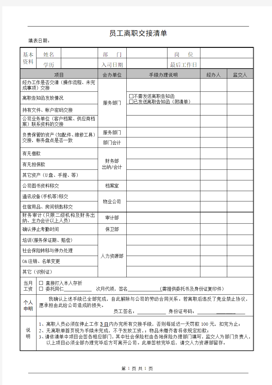 员工离职交接清单(模板)