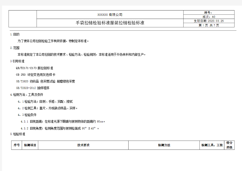 手袋拉链检验标准服装拉链检验标准