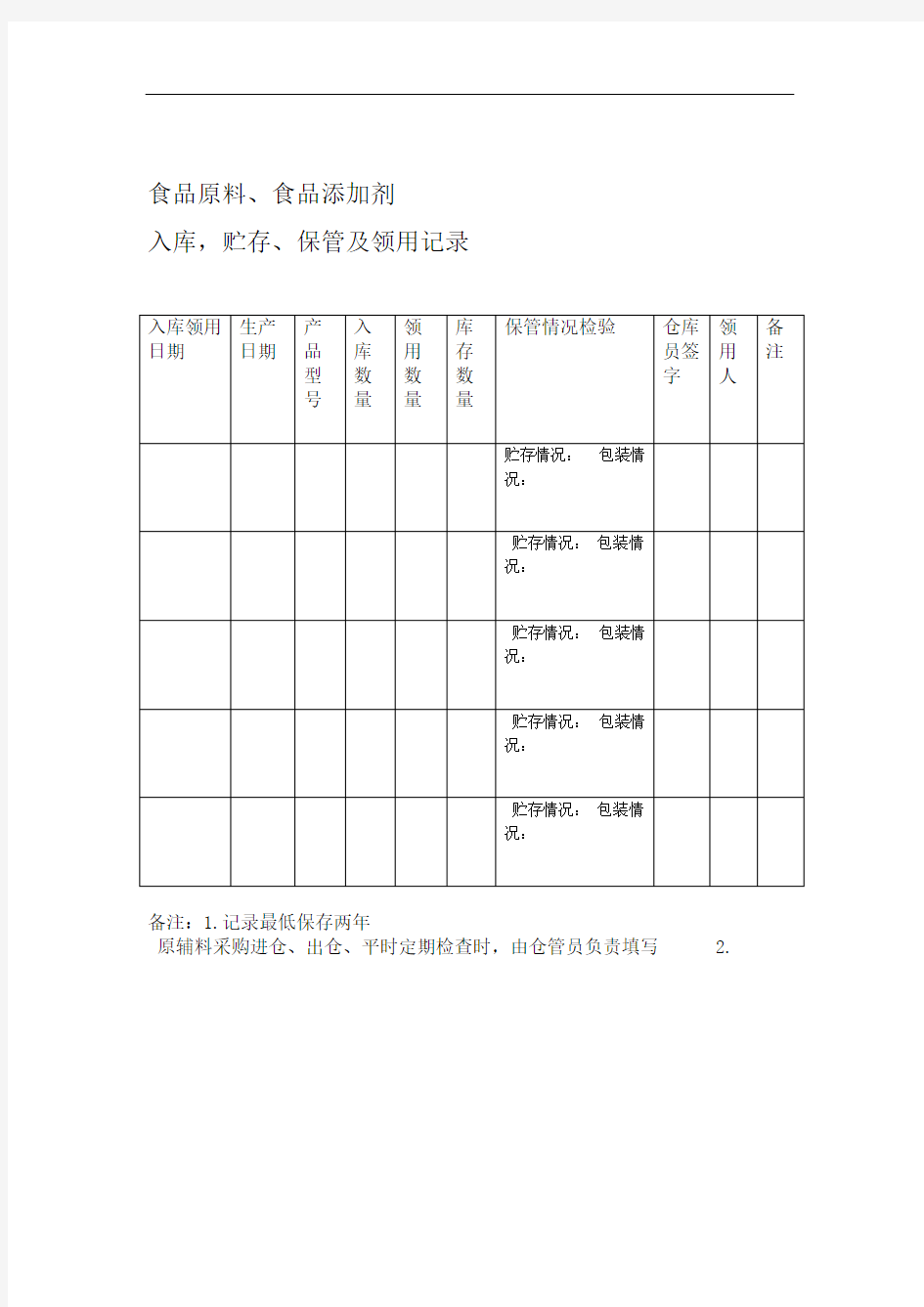 食品原料贮存保管领用记录