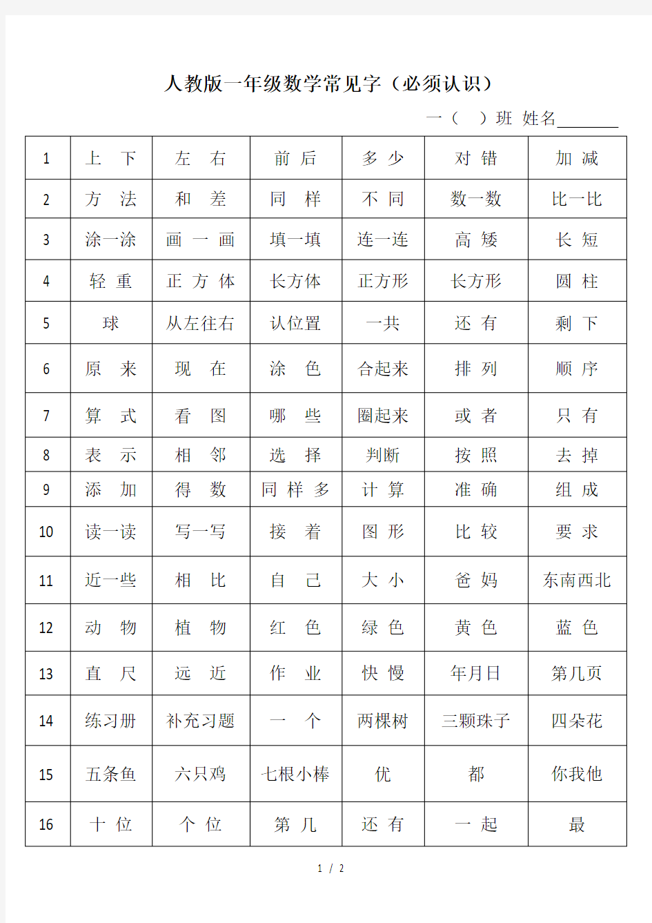 人教版一年级数学常见字(必须认识)