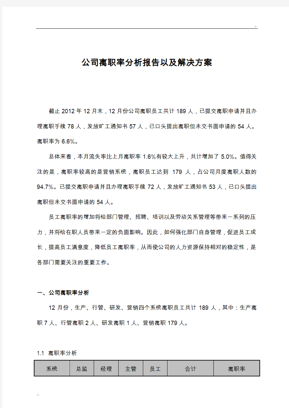 公司离职率分析报告以及解决方案