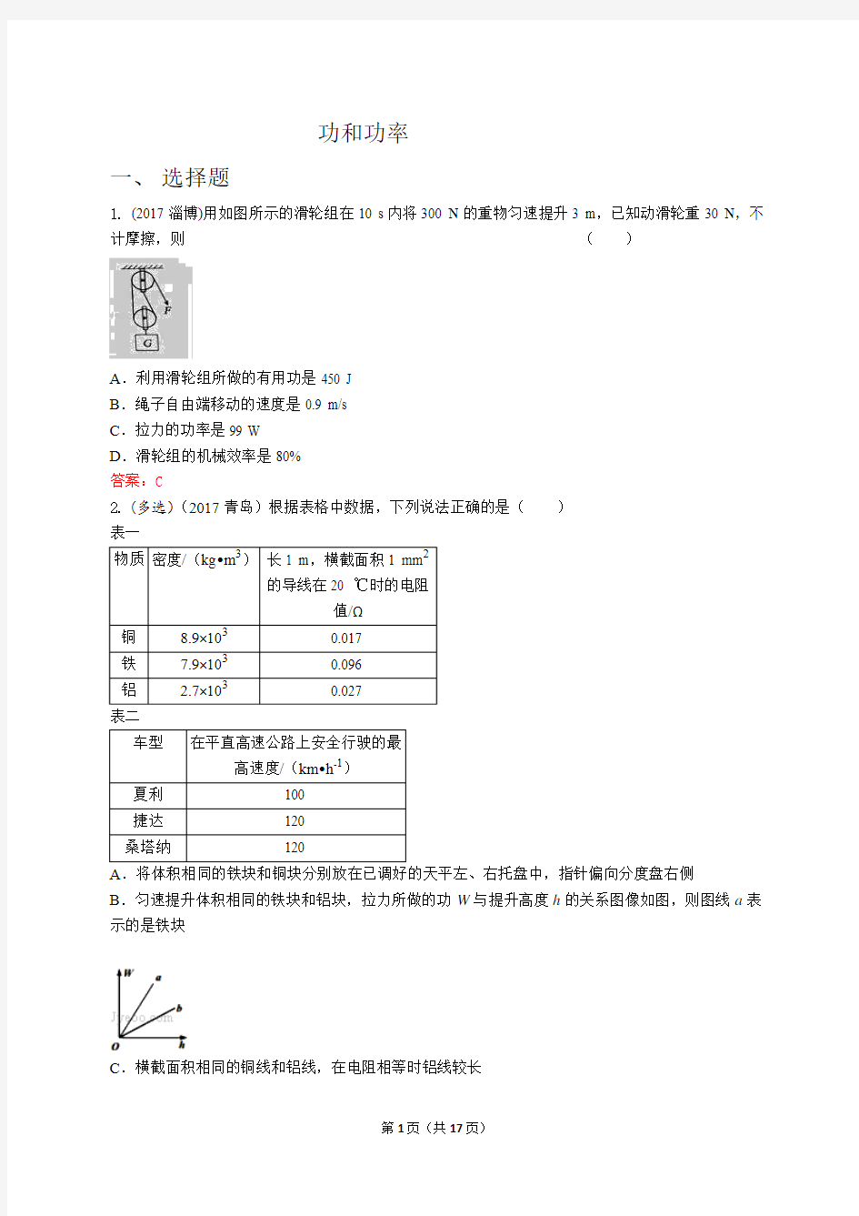 2017年中考物理试题分类汇编-功和功率