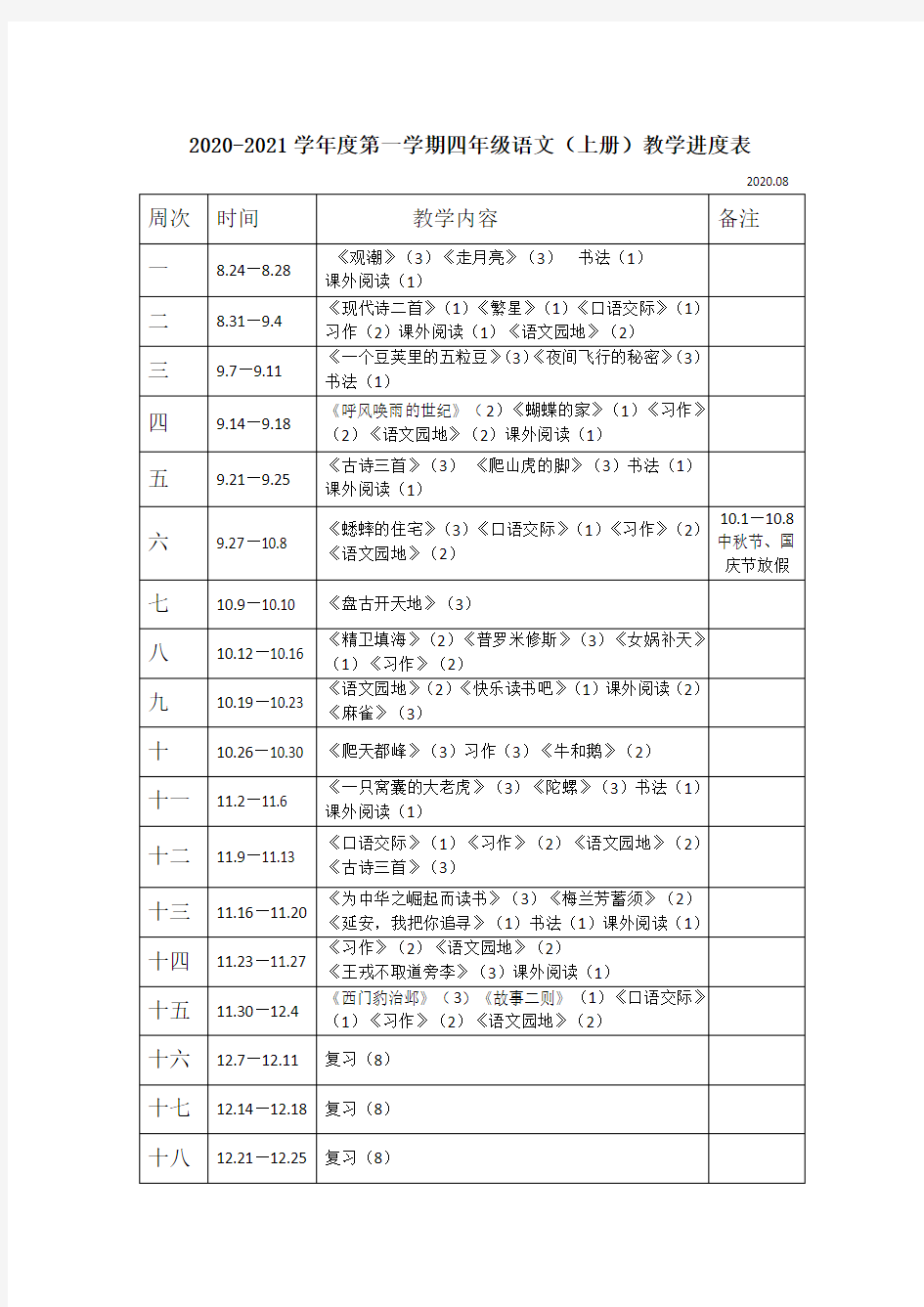 四年级语文(上册)教学进度表