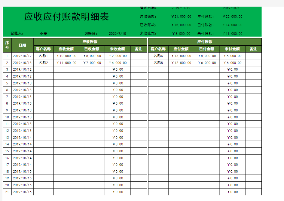 应收应付账款明细表(自动化)