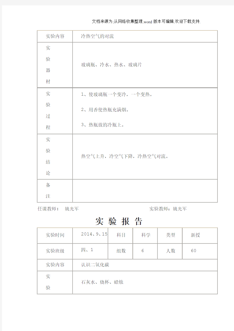 苏教版四年级上册科学实验报告