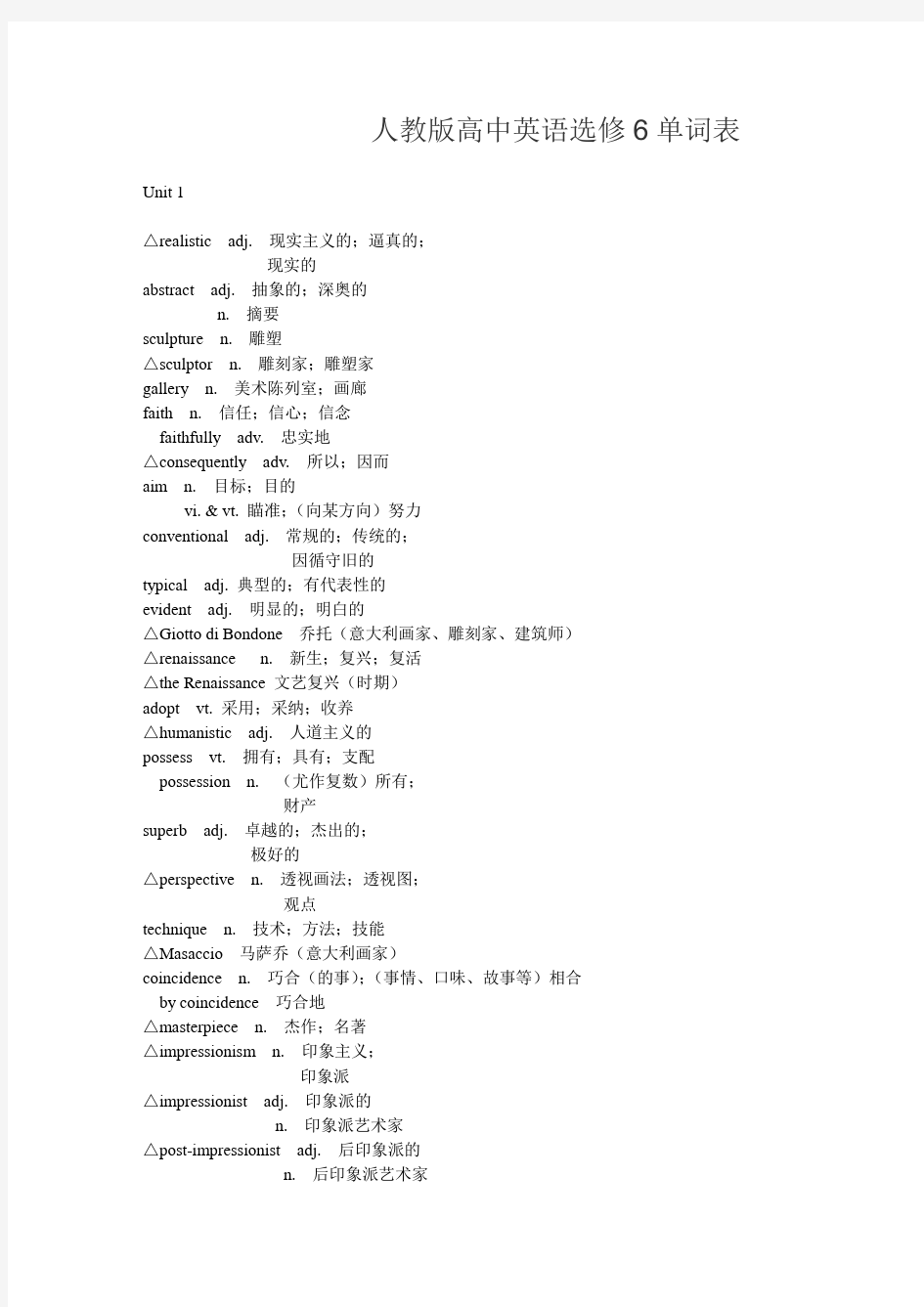 人教版高中英语选修6单词表word版本