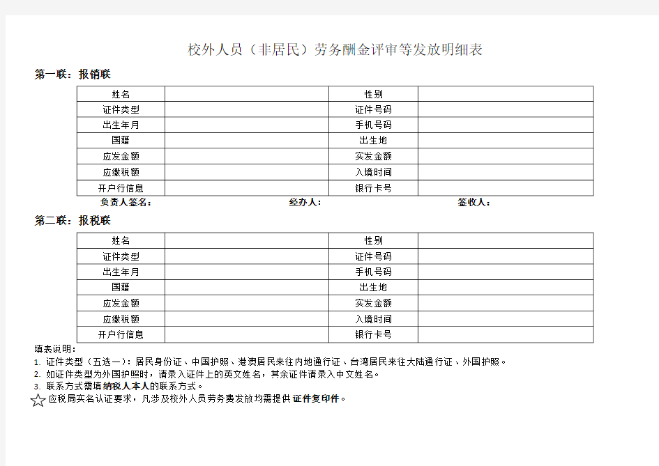 校外人员(非居民)劳务酬金评审等发放明细表