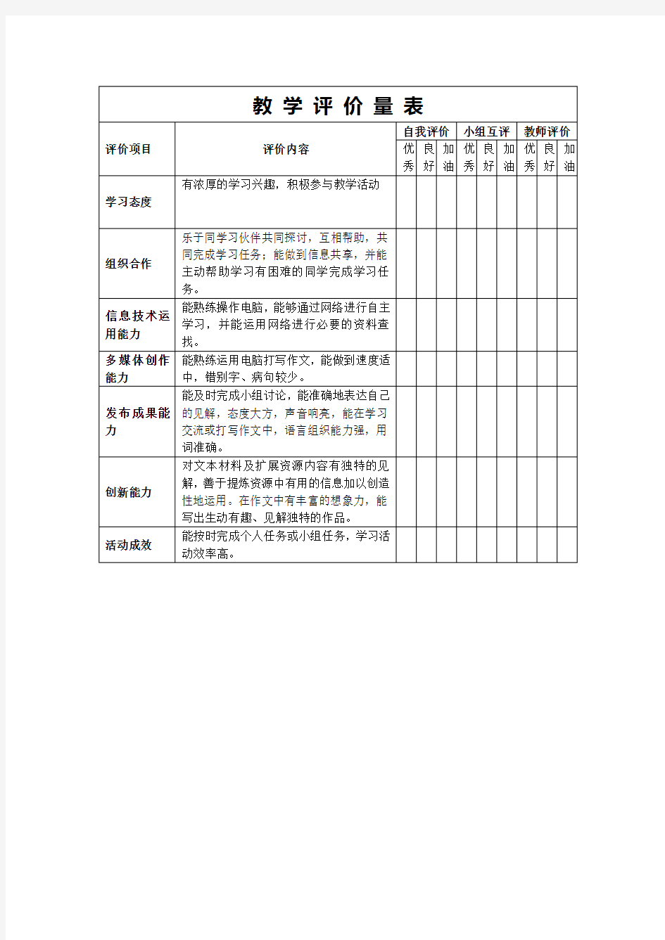 教学评价量表