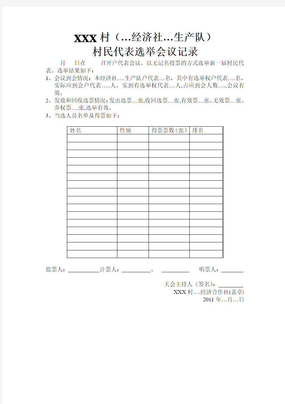 村民代表选举会议记录样式