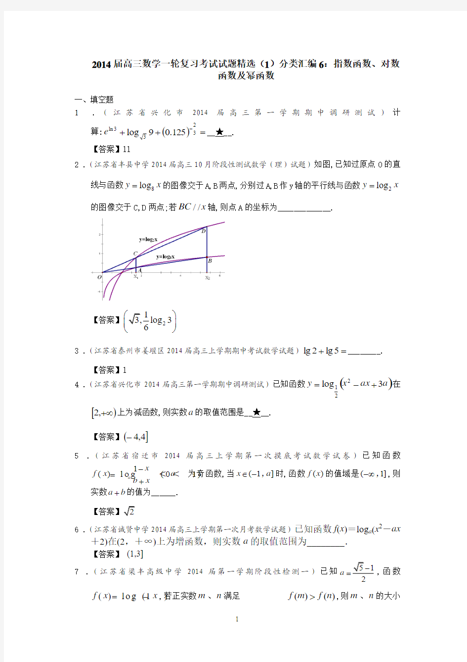 2014届高三数学一轮复习考试试题精选(1)分类汇编6：指数函数、对数函数及幂函数