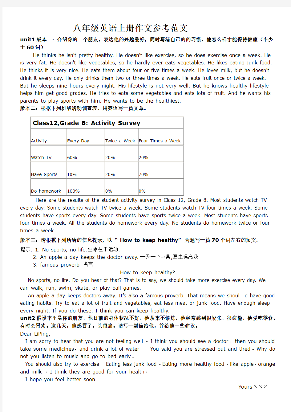 八年级上册期末复习_英语作文范文整理完整版