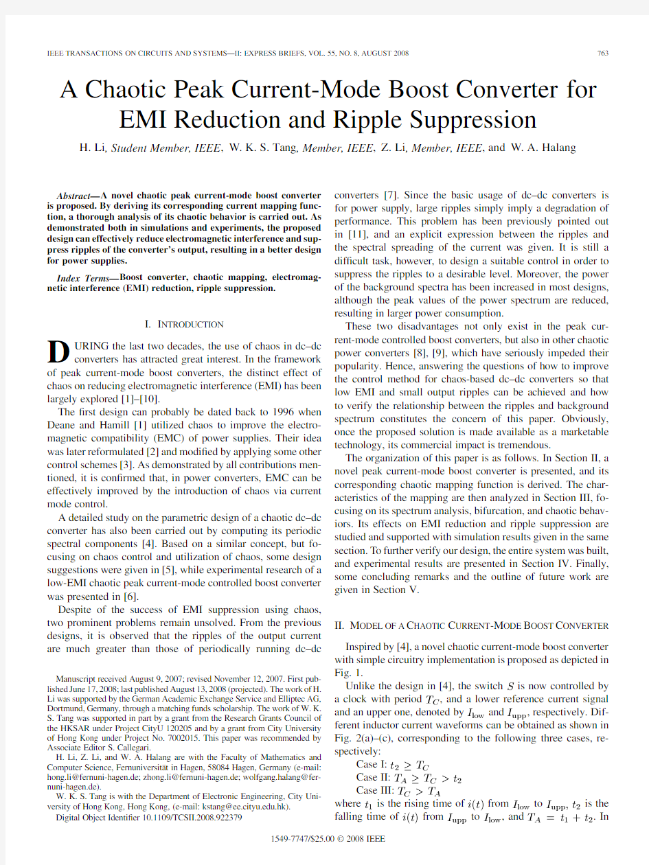 A Chaotic Peak Current-Mode Boost Converter for EMI Reduction and Ripple Suppression