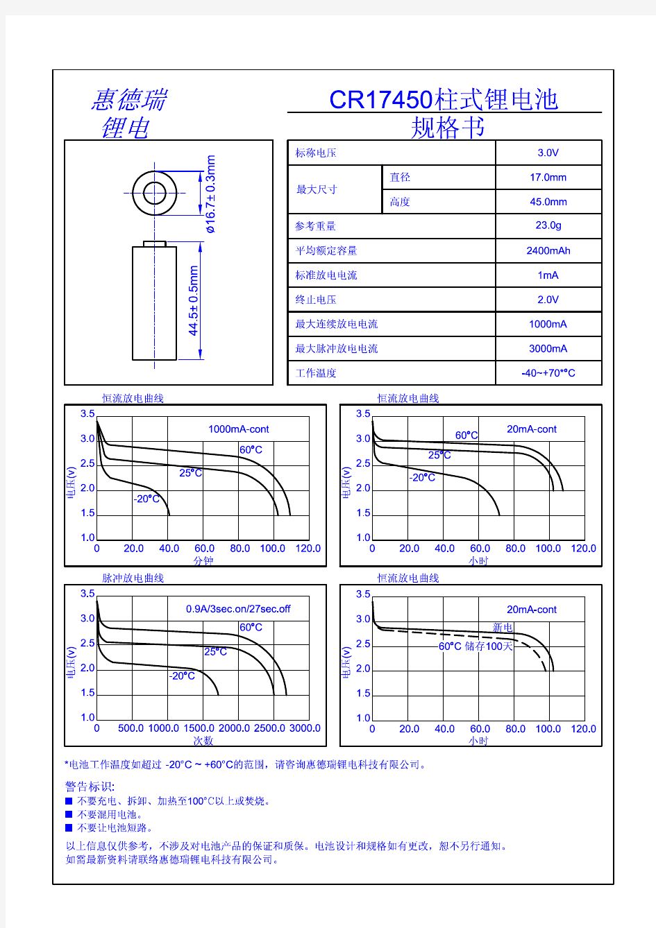 cr17450柱式锂电池规格书