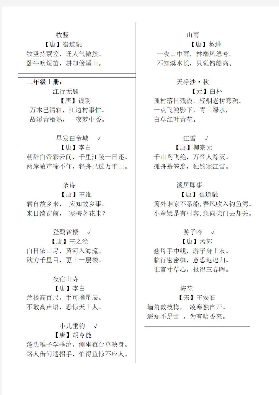 西师版小学语文1-6年级古诗词集锦