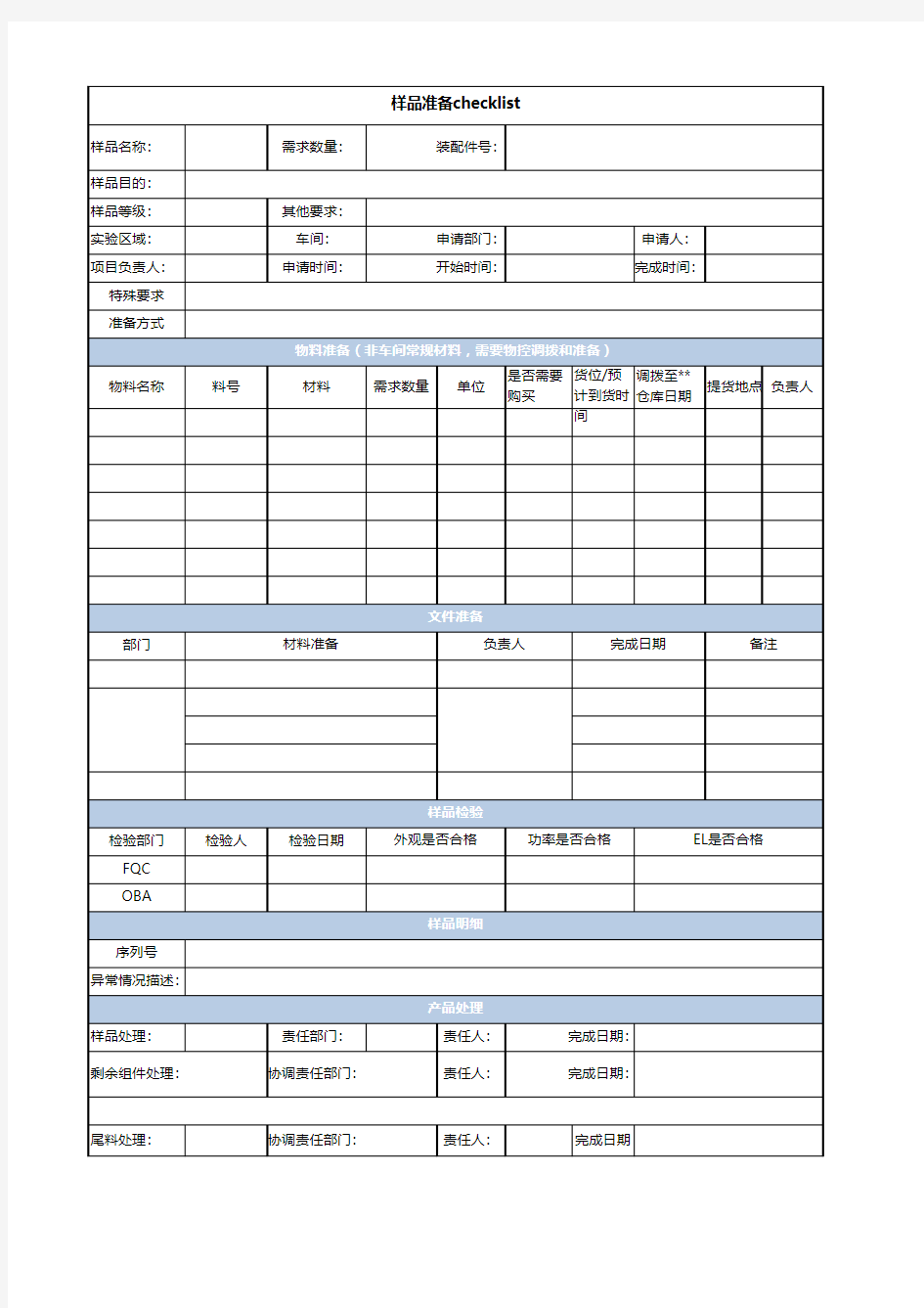 样品制作checklist