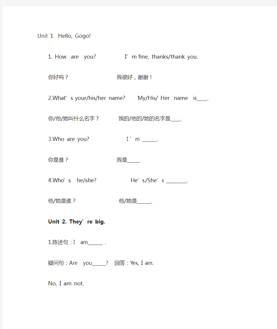 《开心学英语》三年级下册各单元重点句型