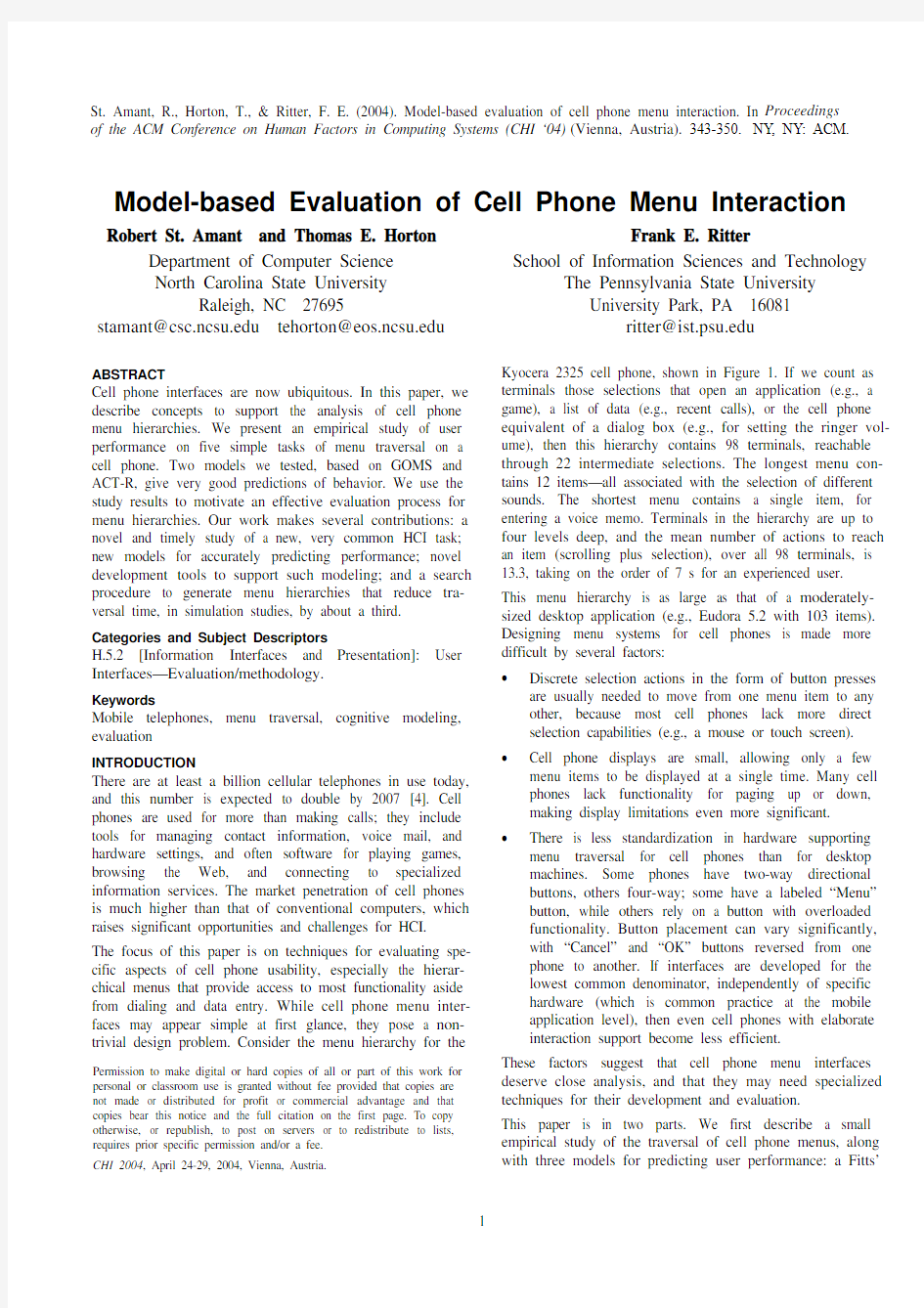 Model-based evaluation of cell phone menu interaction