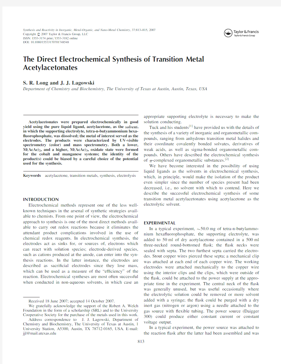 The Direct Electrochemical Synthesis of Transition Metal Acetylacetonates