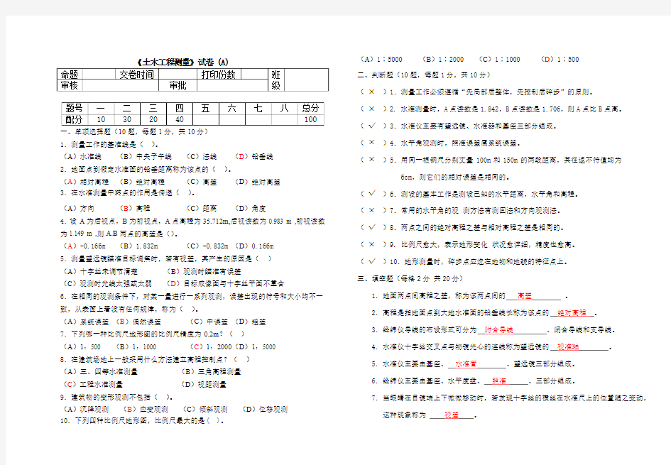 土木工程测量试卷(A)附答案