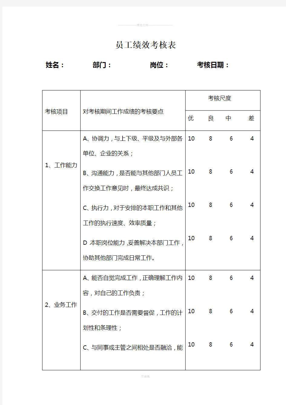 员工绩效工资考核表