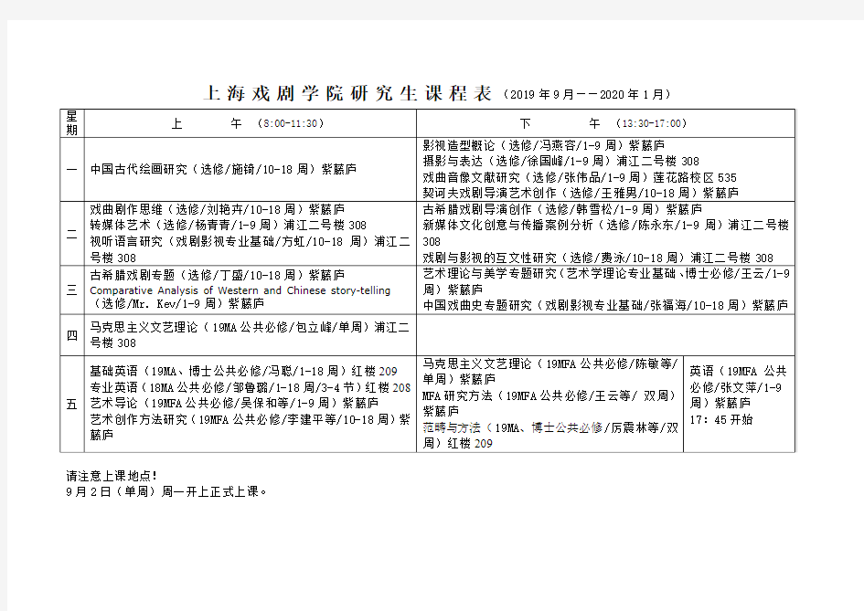 上海戏剧学院硕士研究生课程表
