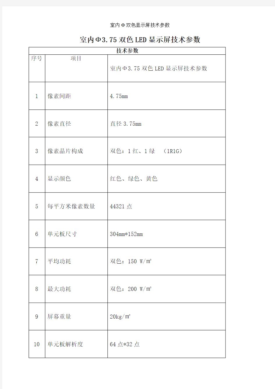 室内Φ双色显示屏技术参数