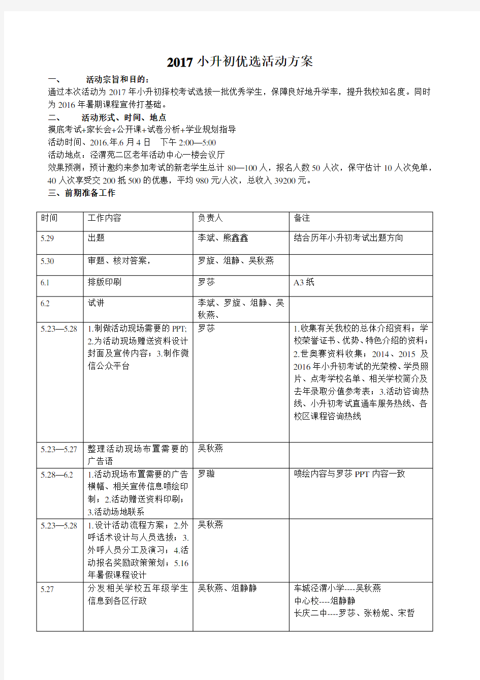 2017小升初优选活动流程