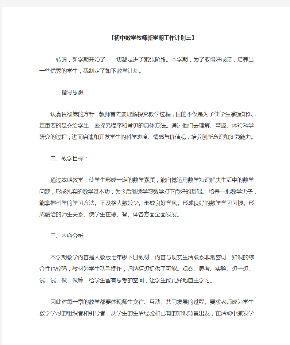 初中数学教师新学期工作计划三