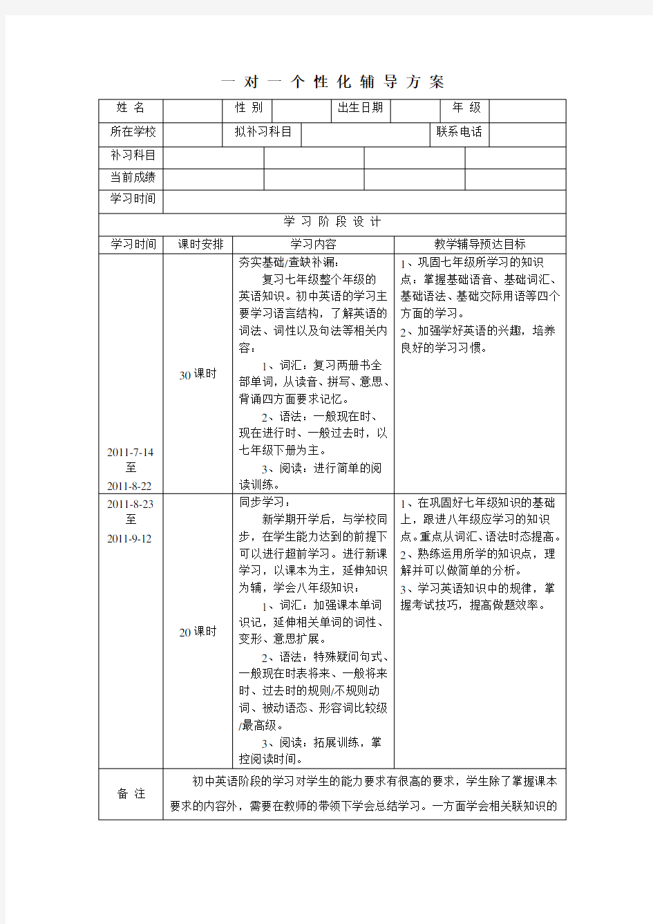 一对一个性化辅导方案模板集锦