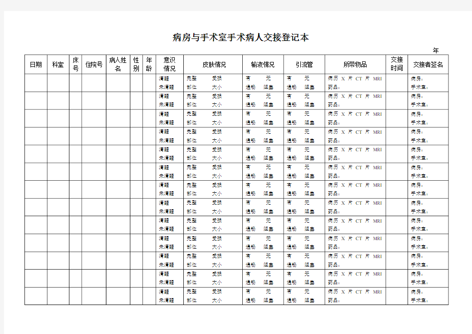 病房与手术室手术病人交接登记本