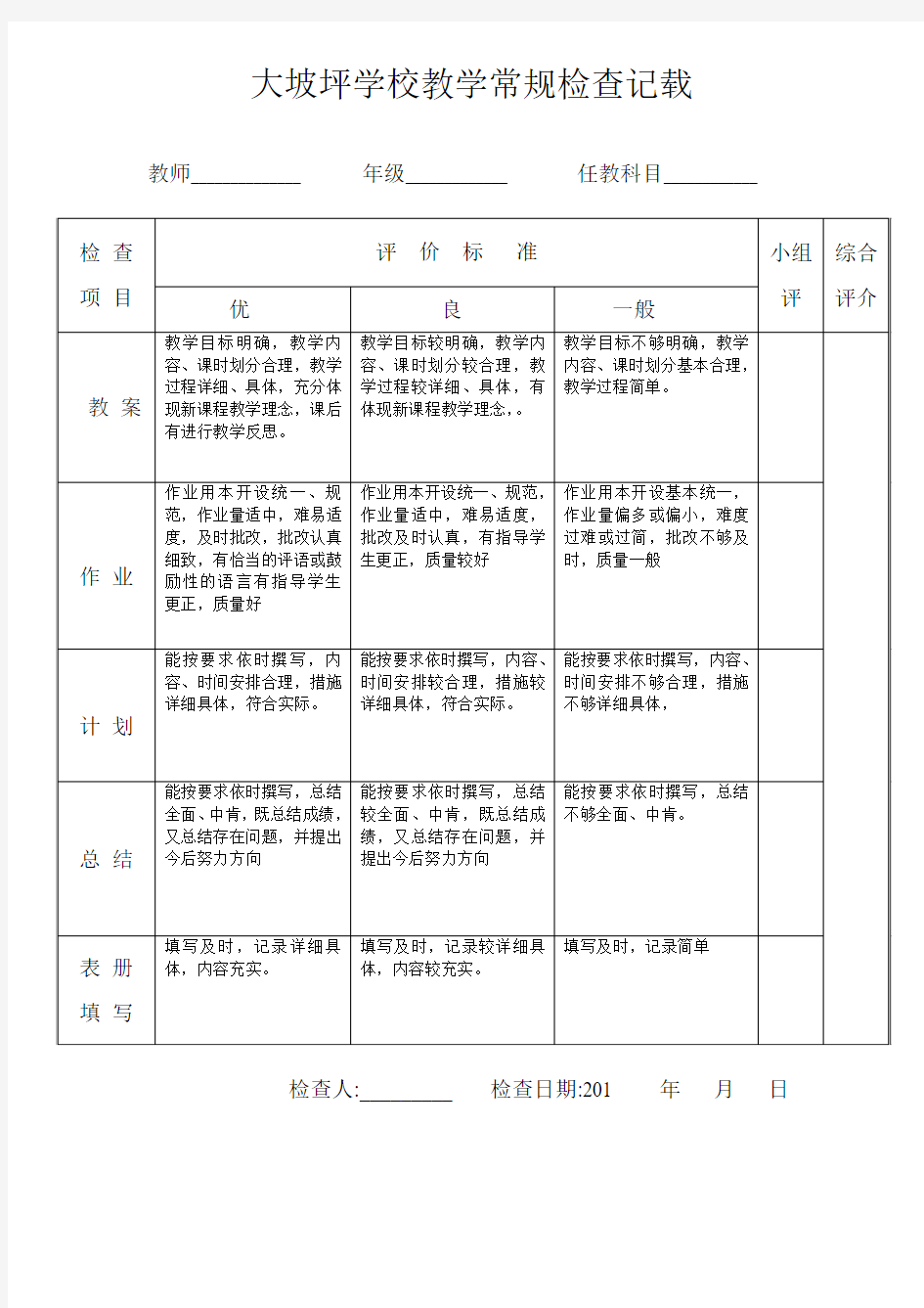 ××学校教学常规检查记载