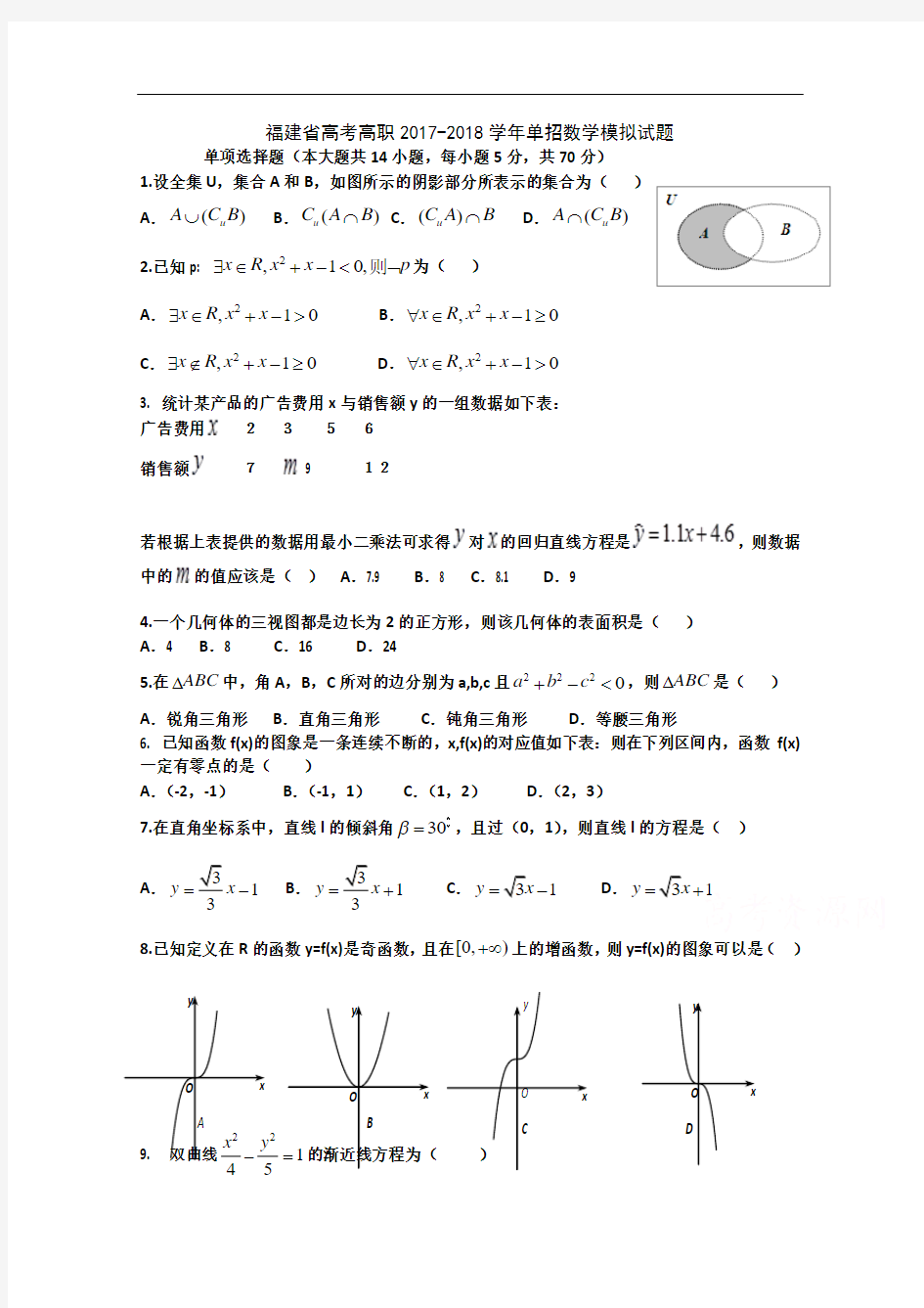 2017-2018学年福建省春季高考高职单招数学模拟试题 (12) Word版含答案