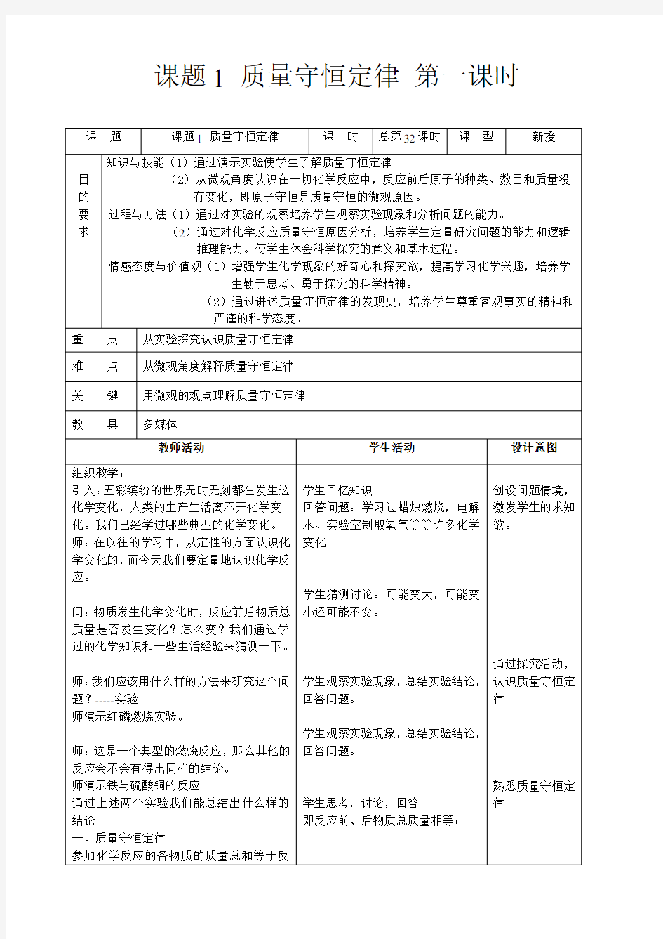 课题1质量守恒定律第一课时教案