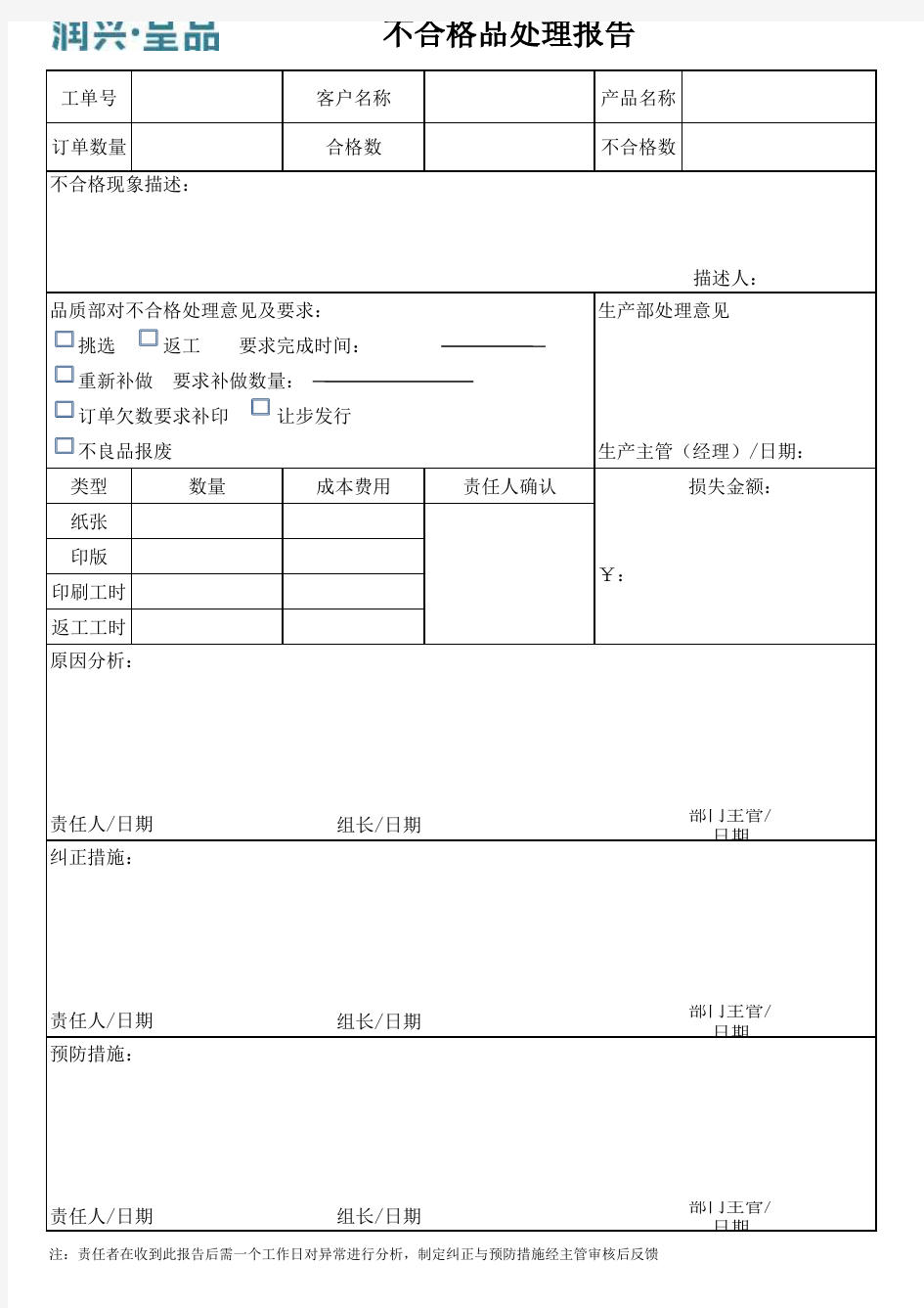 生产异常单空白表格