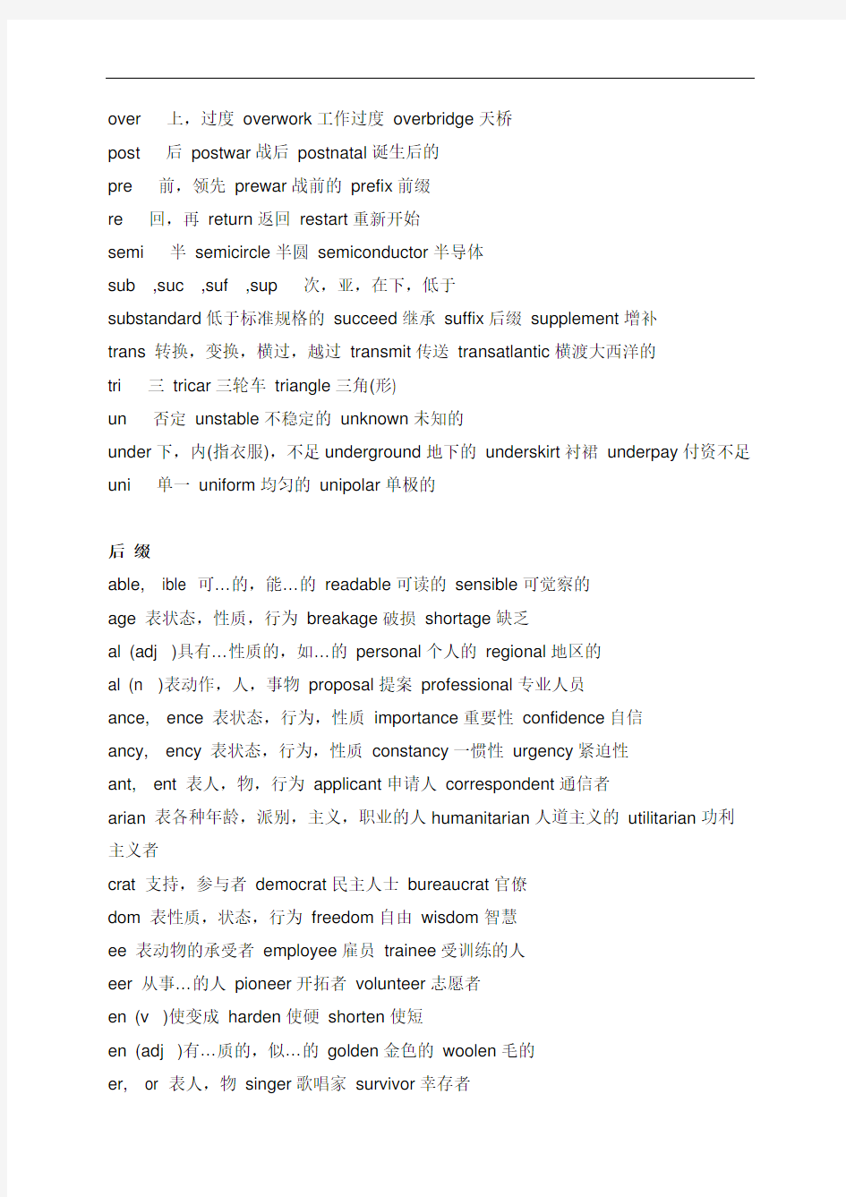 单词常见前后缀总结-浙江省台州市书生中学高三英语复习素材