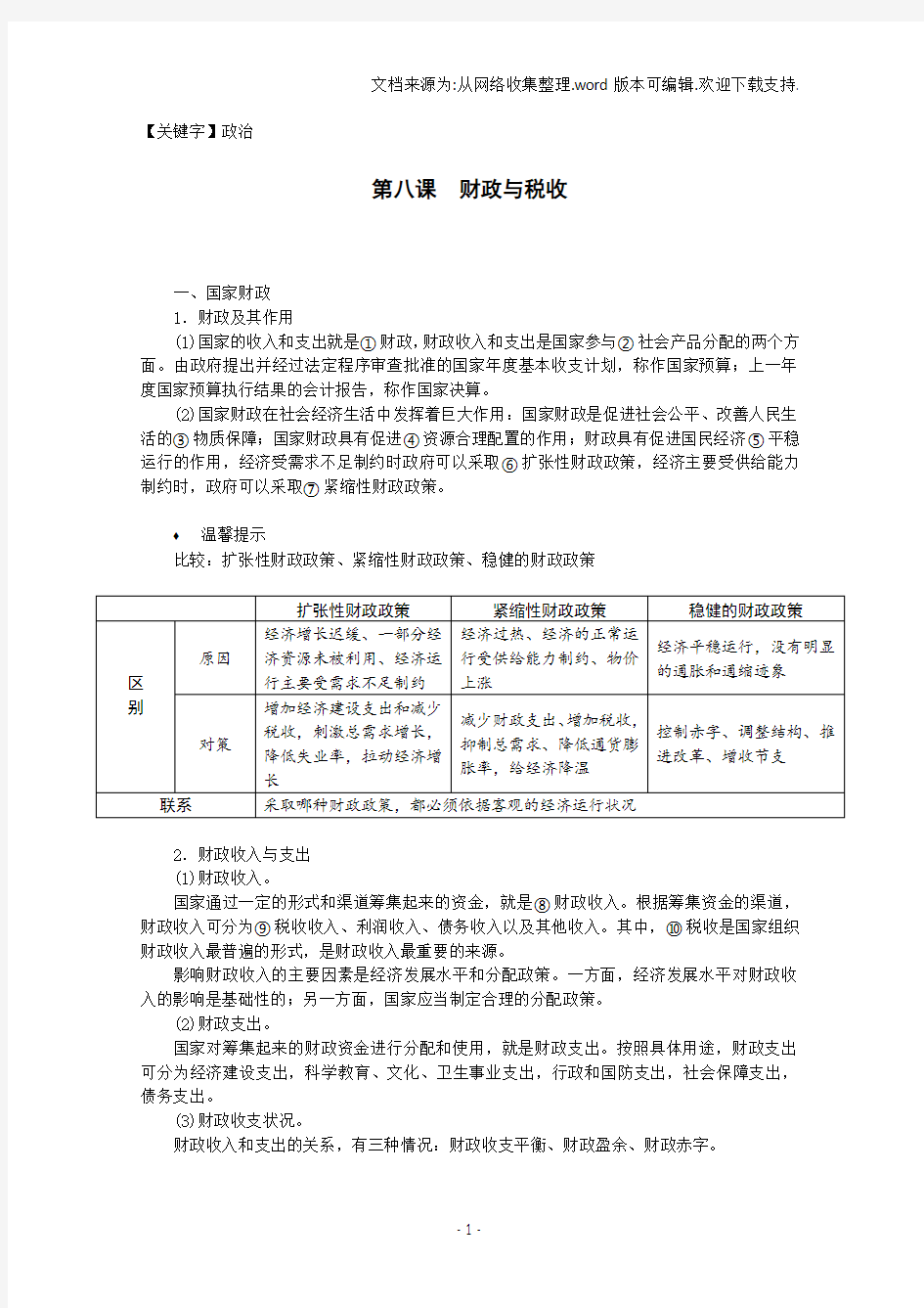 【政治】课标版高考政治必修1一轮复习精品教案第八课财政与税收