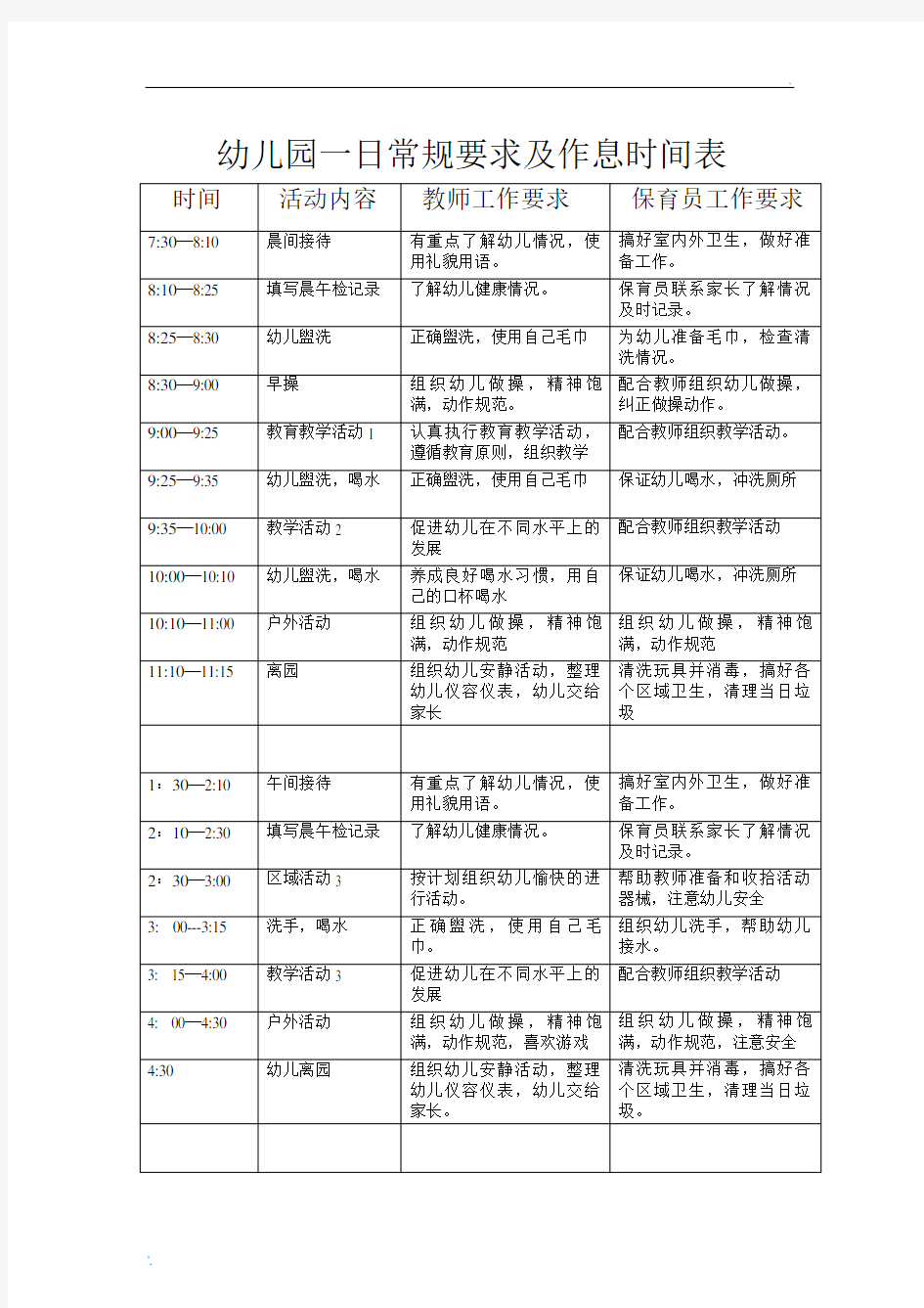 幼儿园一日常规要求及作息时间表