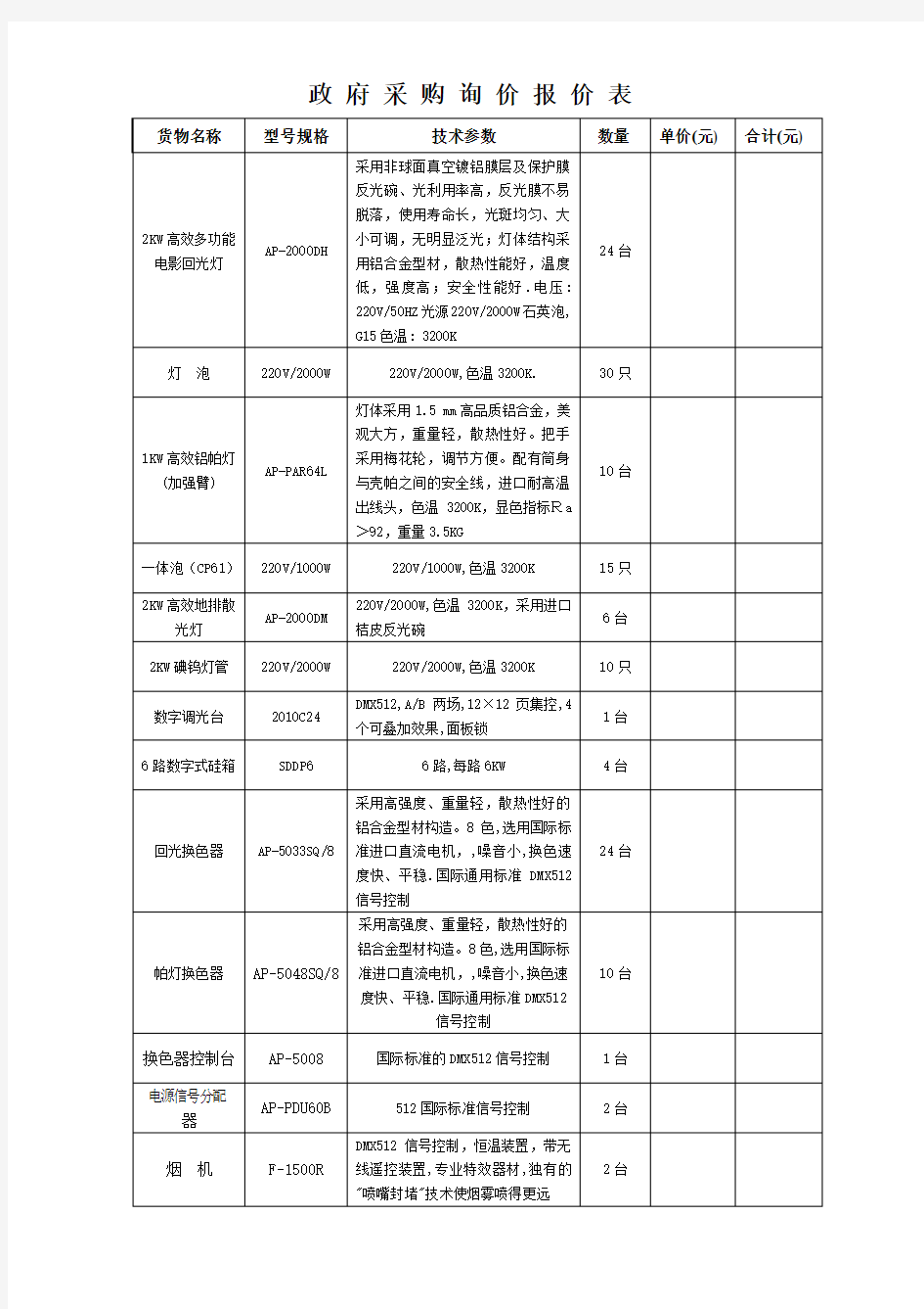 政府采购询价报价表