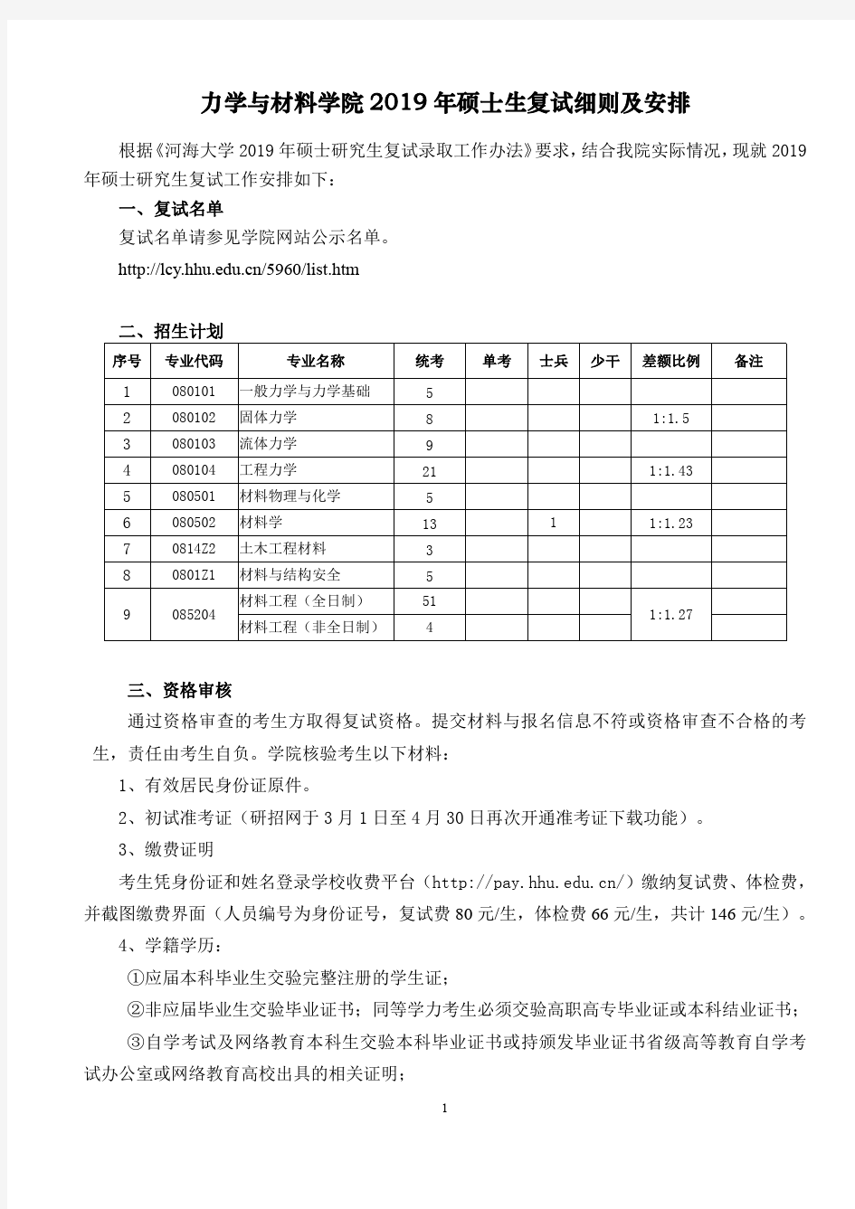 2019年河海大学力学与材料学院硕士生复试细则及安排