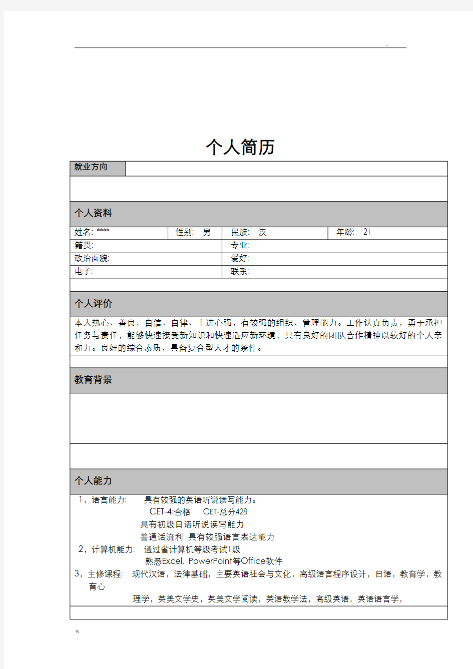 个人简历模板大全word版