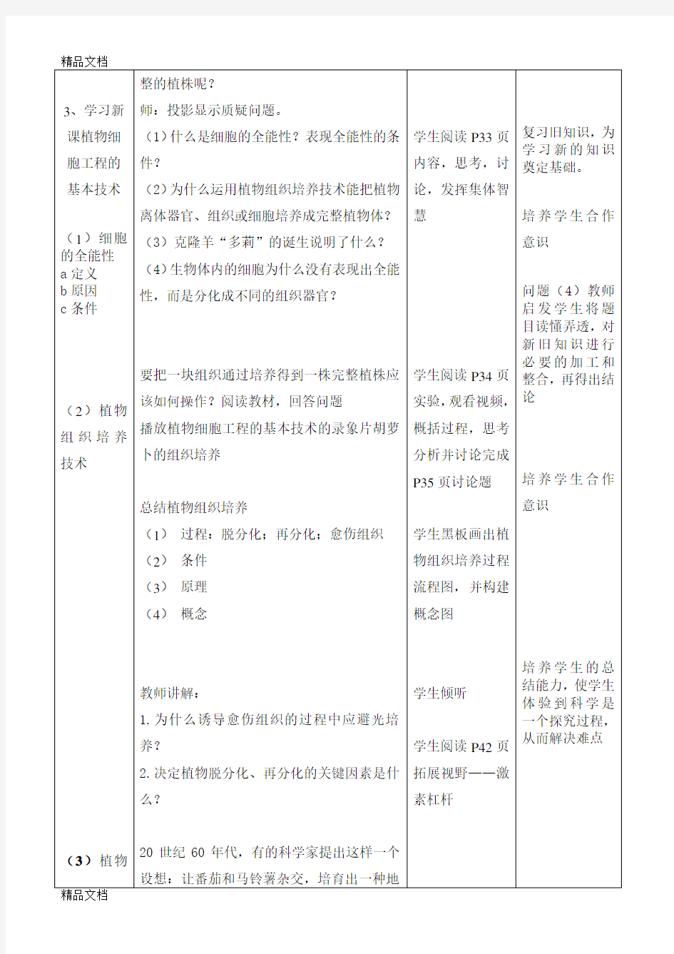 植物细胞工程教学设计教学内容