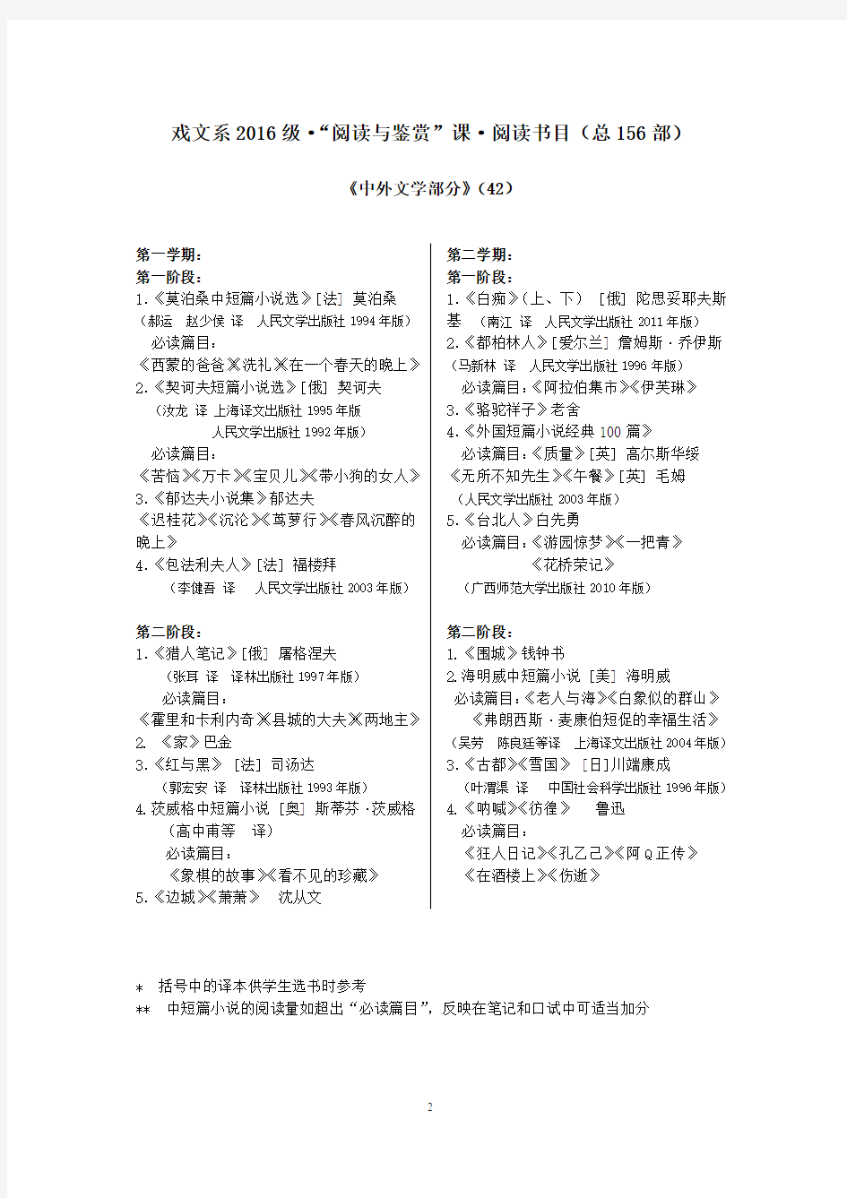 戏文系2016级本科阅读鉴赏课阅读书目