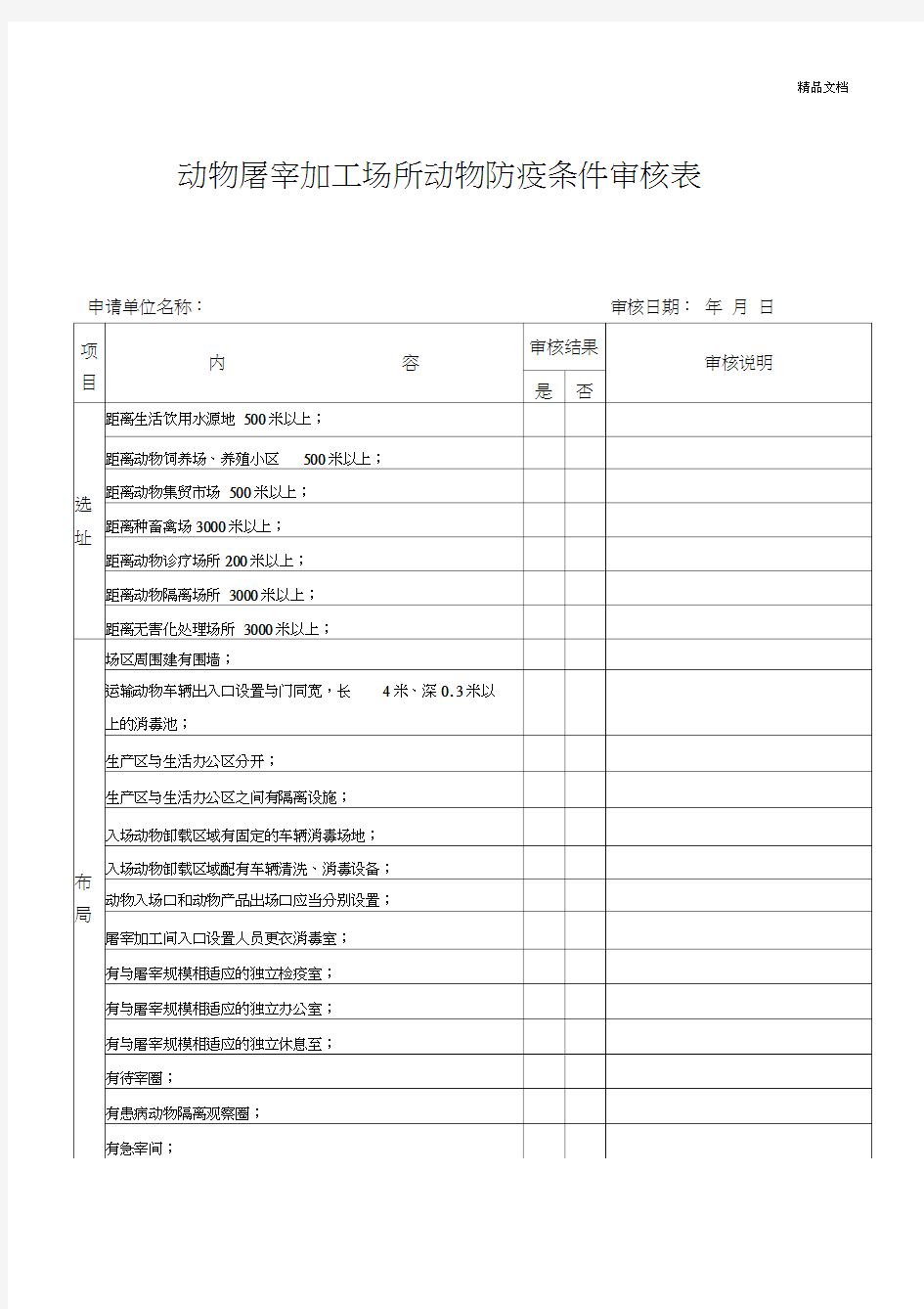 动物屠宰加工场所动物防疫条件审查表