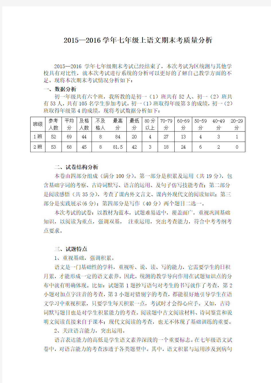 (完整)初中语文期末考试质量分析